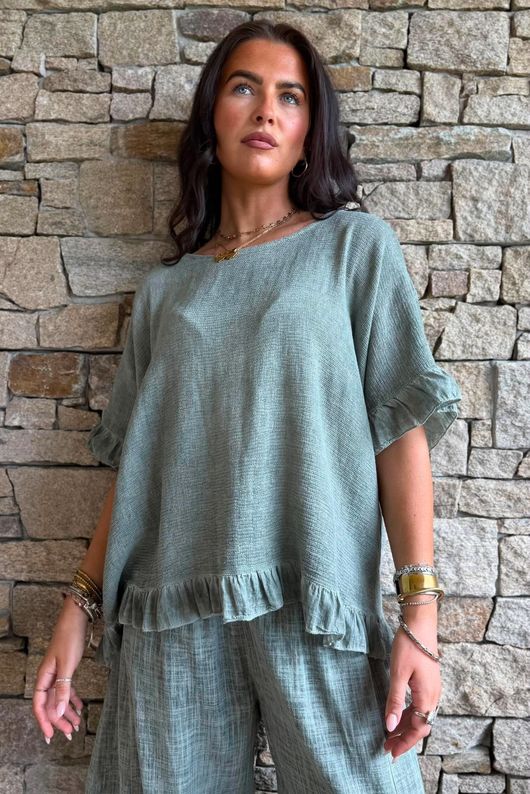 Frame Hopsack Frill Box Top Washed Khaki